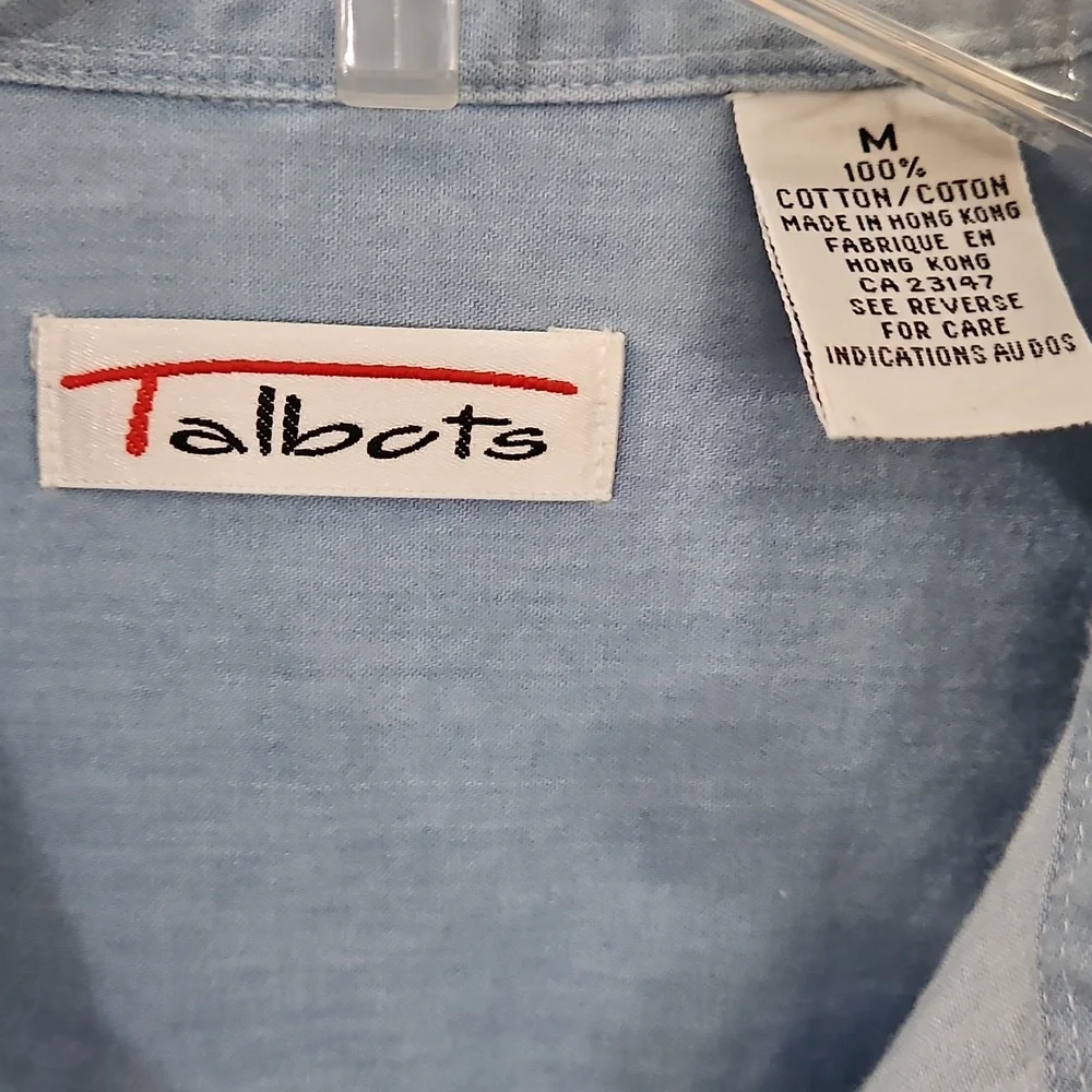 Talbots Blue Cotton Blouse With Gold Buttons Sz M